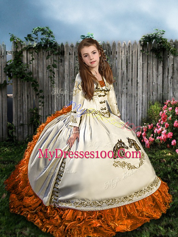 Fashion White Ball Gowns Straps Sleeveless Satin and Organza Sweep Train Lace Up Embroidery and Ruffles Child Pageant Dress