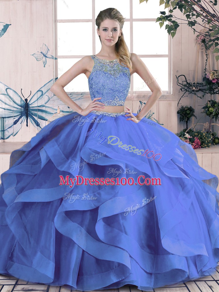 Modern Blue Two Pieces Beading and Ruffles Quinceanera Dresses Lace Up Tulle Sleeveless Floor Length