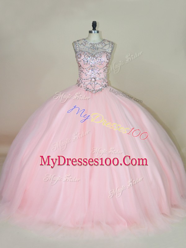 Best Baby Pink 15th Birthday Dress Sweet 16 and Quinceanera with Beading Scoop Sleeveless Lace Up