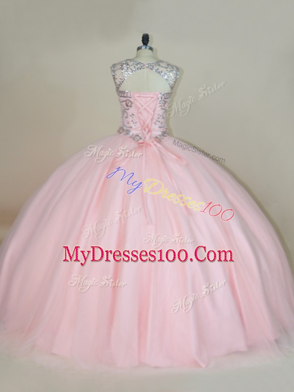 Best Baby Pink 15th Birthday Dress Sweet 16 and Quinceanera with Beading Scoop Sleeveless Lace Up