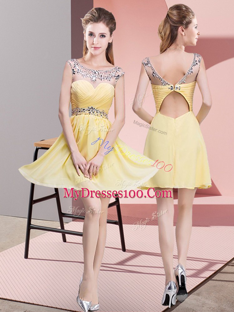 Inexpensive Yellow Chiffon Backless Scoop Sleeveless Mini Length Homecoming Dress Beading and Ruching