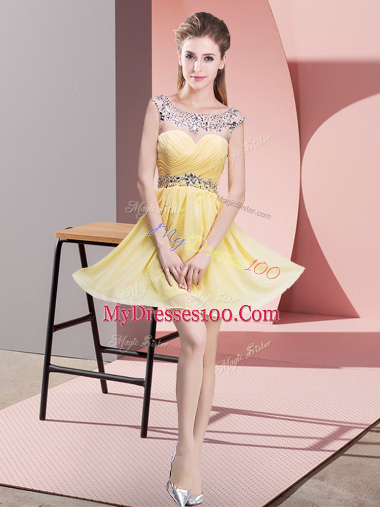 Inexpensive Yellow Chiffon Backless Scoop Sleeveless Mini Length Homecoming Dress Beading and Ruching