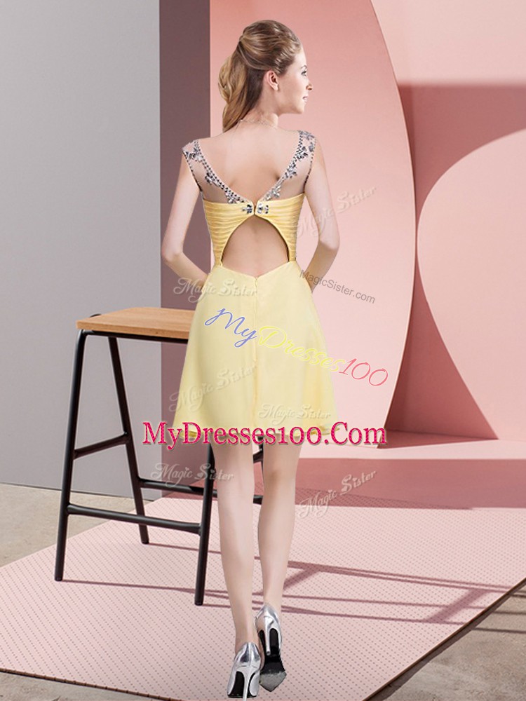 Inexpensive Yellow Chiffon Backless Scoop Sleeveless Mini Length Homecoming Dress Beading and Ruching