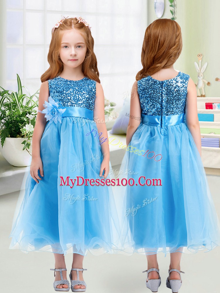 Cute Organza Scoop Sleeveless Zipper Sequins and Hand Made Flower Flower Girl Dresses for Less in Baby Blue
