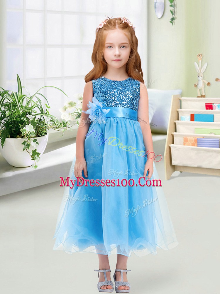Cute Organza Scoop Sleeveless Zipper Sequins and Hand Made Flower Flower Girl Dresses for Less in Baby Blue