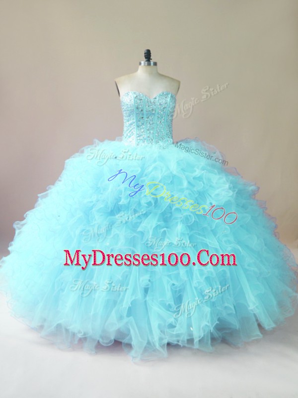 Top Selling Aqua Blue Tulle Lace Up Quinceanera Gown Sleeveless Floor Length Beading and Ruffles