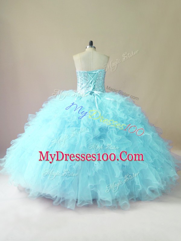 Top Selling Aqua Blue Tulle Lace Up Quinceanera Gown Sleeveless Floor Length Beading and Ruffles