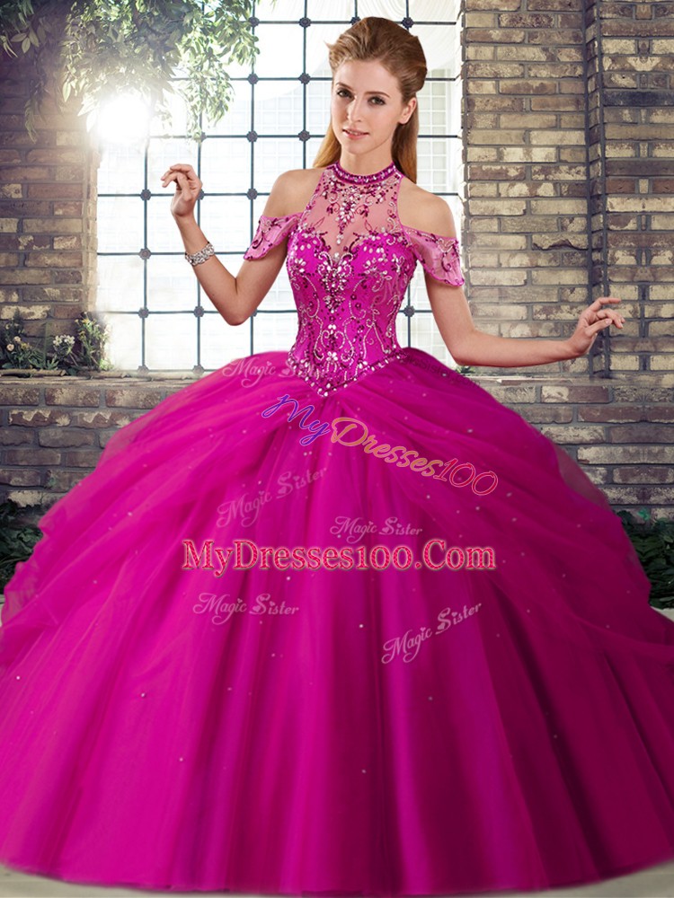 Glorious Halter Top Sleeveless Brush Train Lace Up Quinceanera Dress Fuchsia Tulle