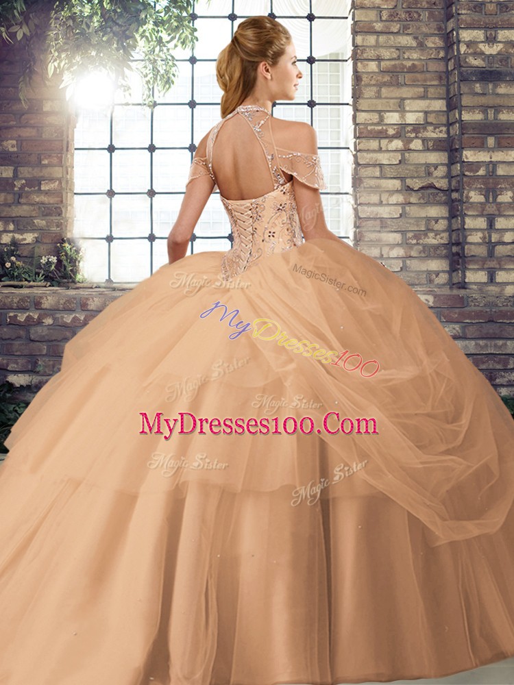 Glorious Halter Top Sleeveless Brush Train Lace Up Quinceanera Dress Fuchsia Tulle