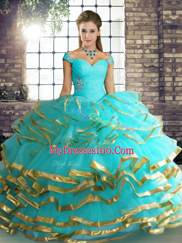 Aqua Blue Sleeveless Tulle Lace Up Quinceanera Dress for Military Ball and Sweet 16 and Quinceanera