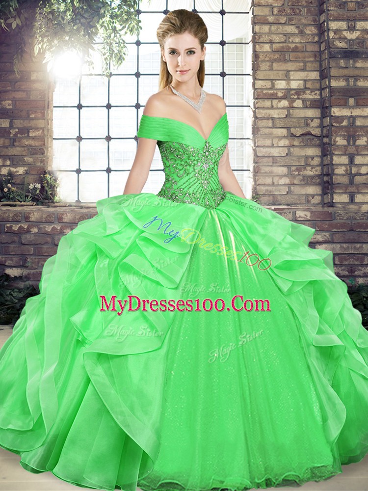 Stunning Green Lace Up Sweet 16 Dress Beading and Ruffles Sleeveless Floor Length