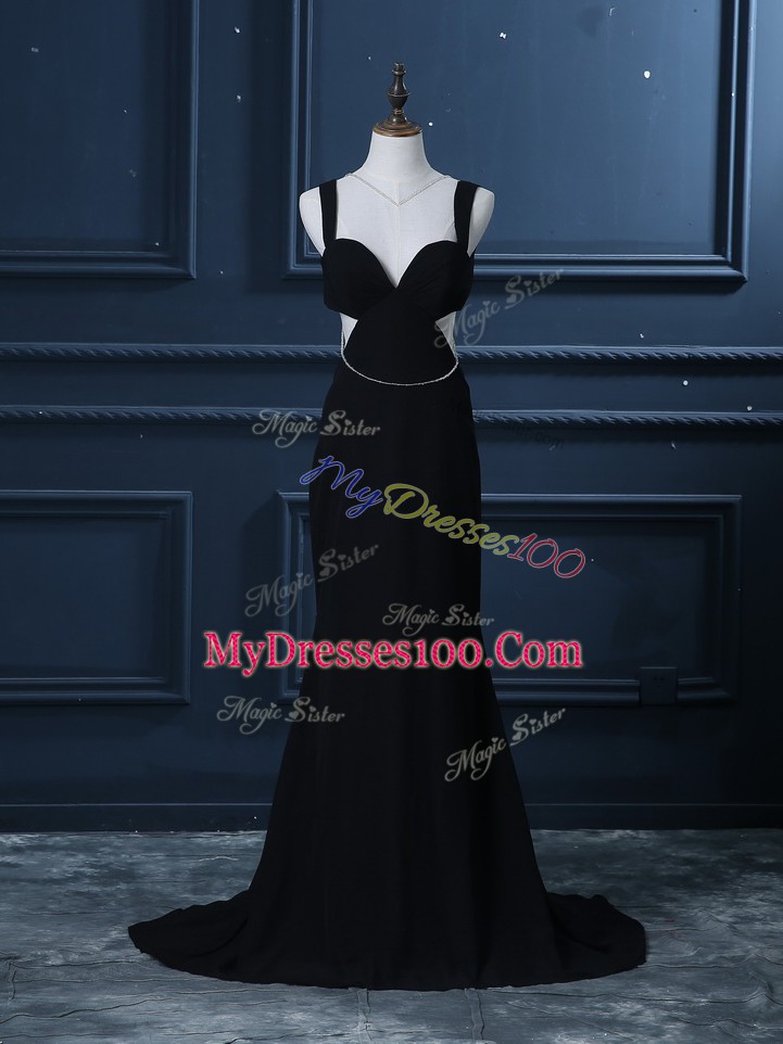 Black Backless Evening Dress Beading Sleeveless Brush Train
