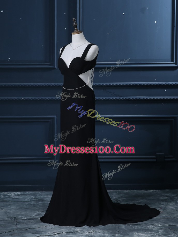 Black Backless Evening Dress Beading Sleeveless Brush Train