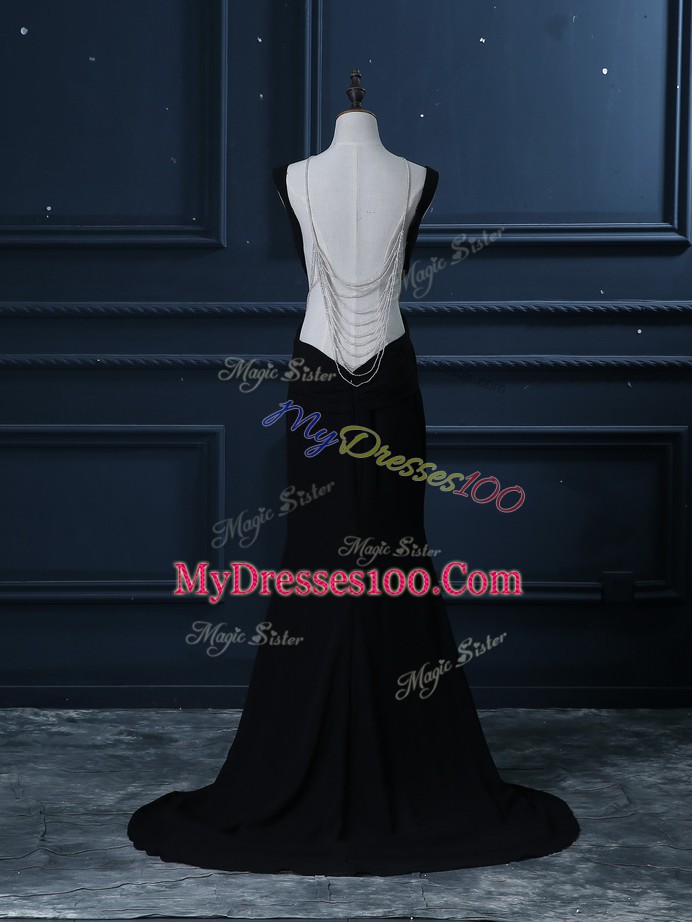 Black Backless Evening Dress Beading Sleeveless Brush Train