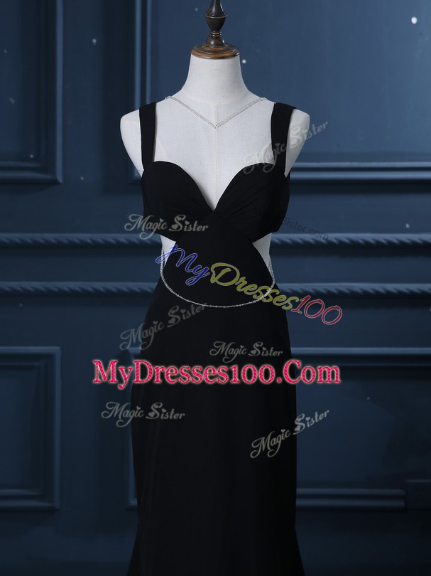 Black Backless Evening Dress Beading Sleeveless Brush Train