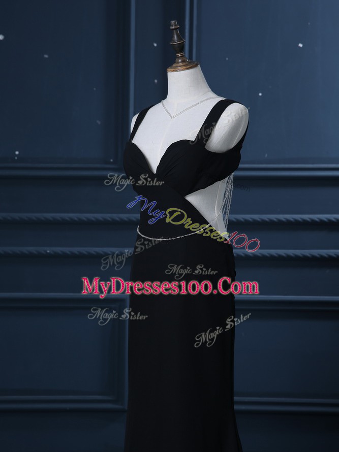 Black Backless Evening Dress Beading Sleeveless Brush Train
