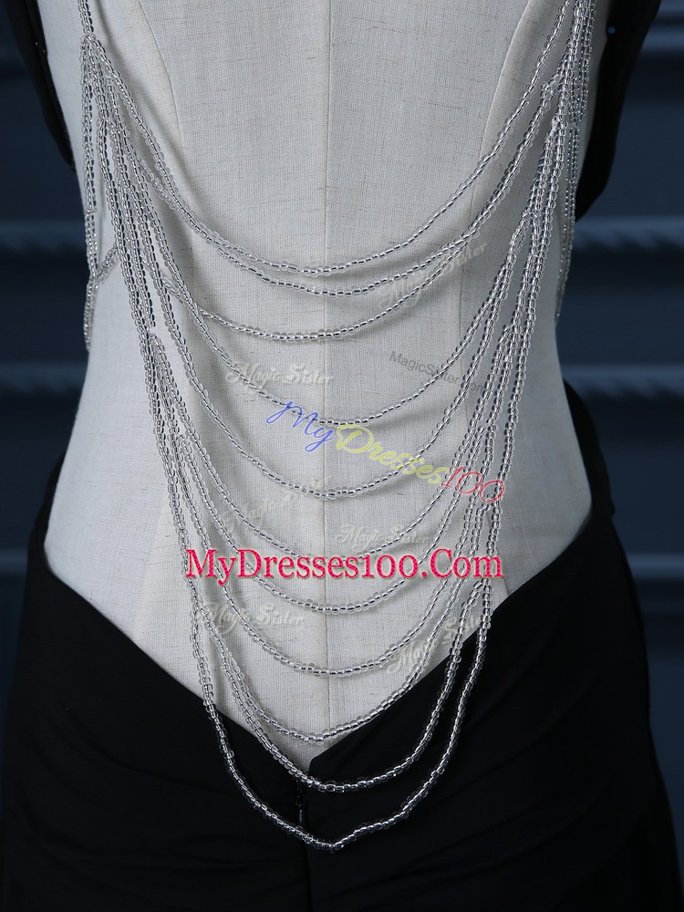 Black Backless Evening Dress Beading Sleeveless Brush Train