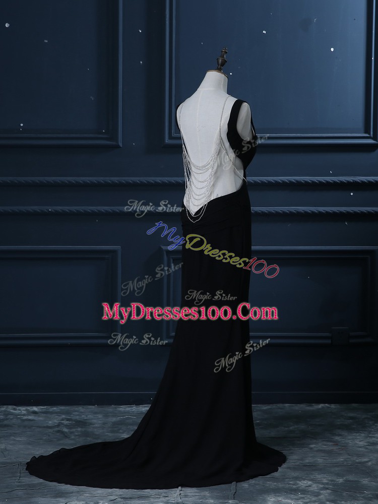 Black Backless Evening Dress Beading Sleeveless Brush Train