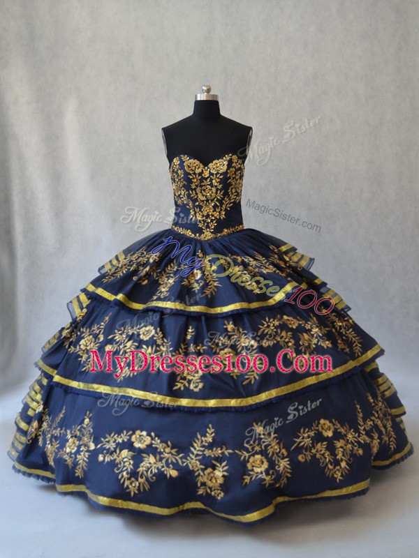 Navy Blue Organza Lace Up Sweetheart Sleeveless Floor Length Quinceanera Dress Embroidery and Ruffled Layers