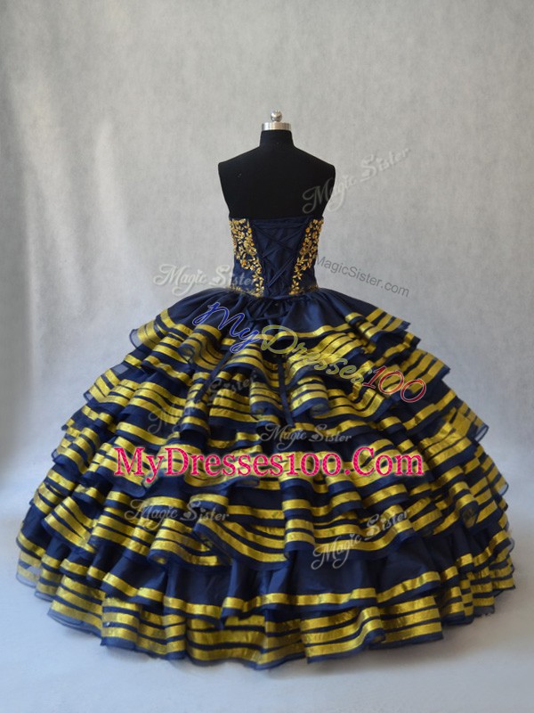 Navy Blue Organza Lace Up Sweetheart Sleeveless Floor Length Quinceanera Dress Embroidery and Ruffled Layers