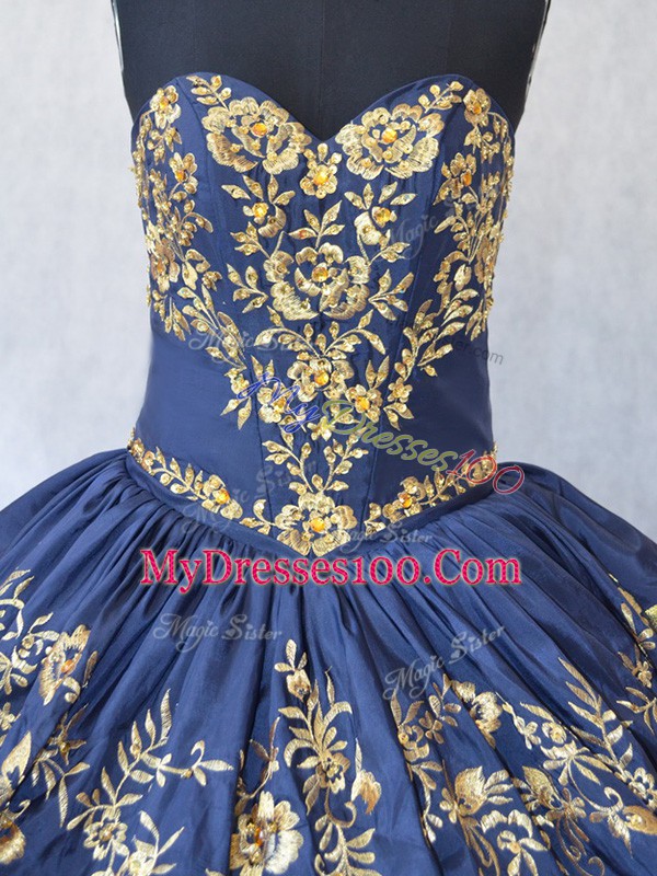 Navy Blue Organza Lace Up Sweetheart Sleeveless Floor Length Quinceanera Dress Embroidery and Ruffled Layers