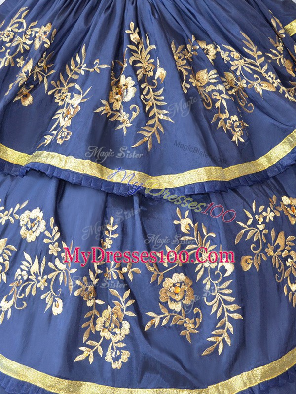 Navy Blue Organza Lace Up Sweetheart Sleeveless Floor Length Quinceanera Dress Embroidery and Ruffled Layers