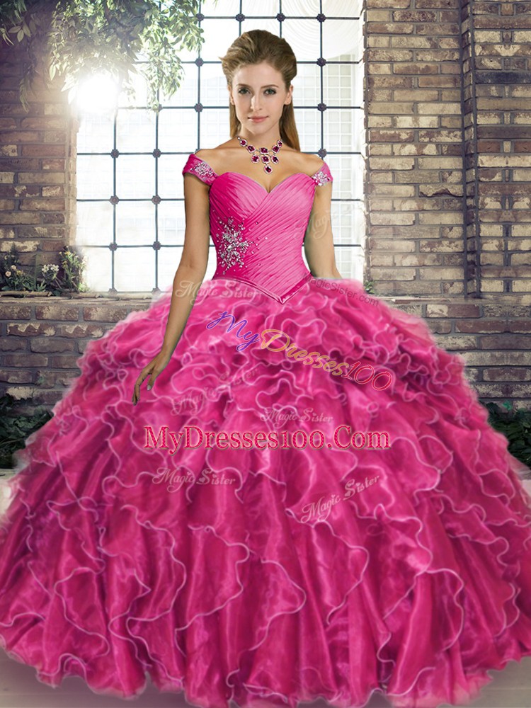 Traditional Sleeveless Beading and Ruffles Lace Up Sweet 16 Dresses with Fuchsia Brush Train