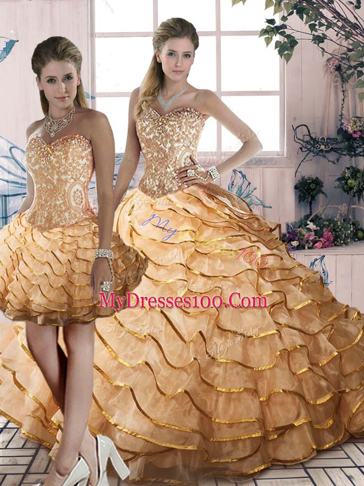 Romantic Sleeveless Brush Train Lace Up Beading and Ruffles Sweet 16 Quinceanera Dress