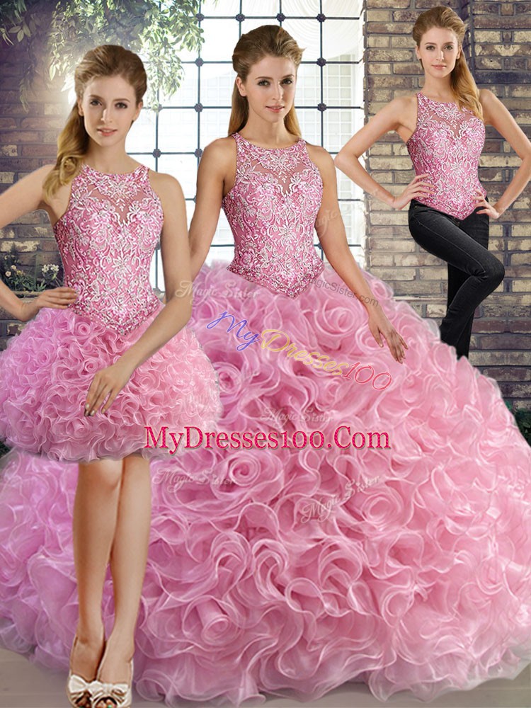 Cheap Fabric With Rolling Flowers Scoop Sleeveless Lace Up Beading 15th Birthday Dress in Rose Pink