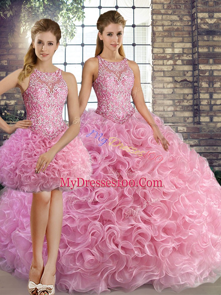 Cheap Fabric With Rolling Flowers Scoop Sleeveless Lace Up Beading 15th Birthday Dress in Rose Pink