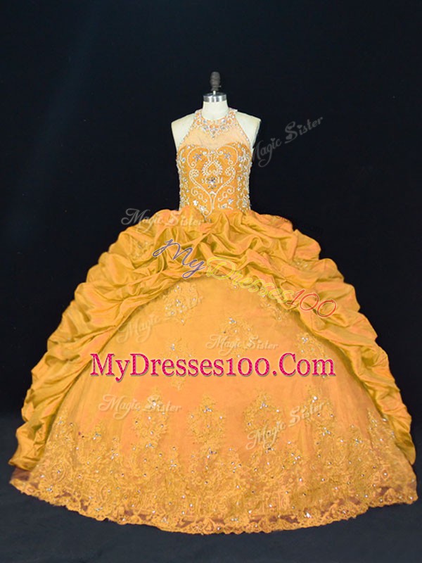 Floor Length Gold Vestidos de Quinceanera Halter Top Sleeveless Lace Up