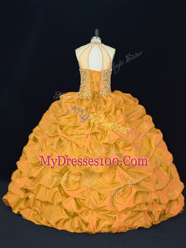Floor Length Gold Vestidos de Quinceanera Halter Top Sleeveless Lace Up