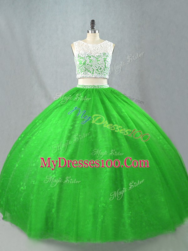 Comfortable Green Two Pieces Scoop Sleeveless Tulle Floor Length Zipper Beading 15 Quinceanera Dress