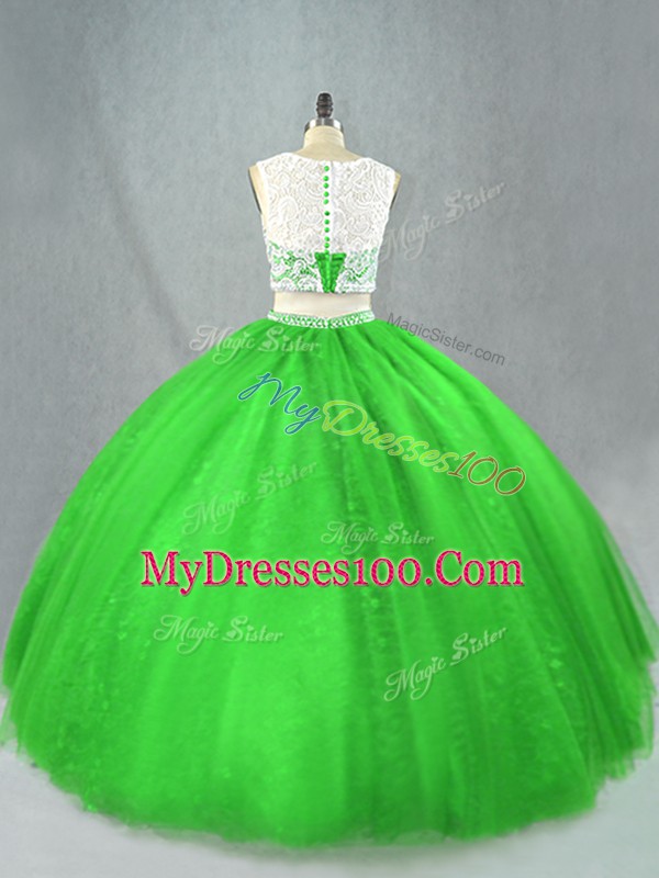 Comfortable Green Two Pieces Scoop Sleeveless Tulle Floor Length Zipper Beading 15 Quinceanera Dress