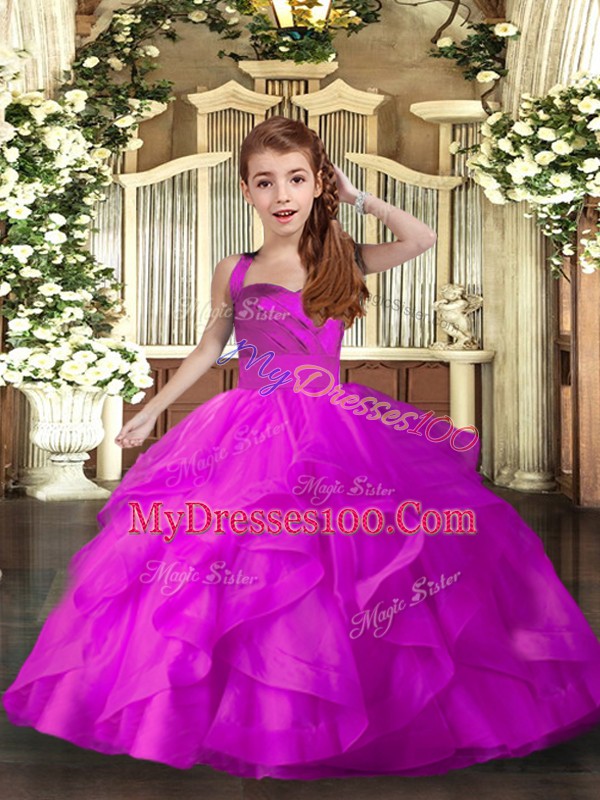 Fuchsia Ball Gowns Ruffles Little Girls Pageant Gowns Lace Up Tulle Sleeveless Floor Length
