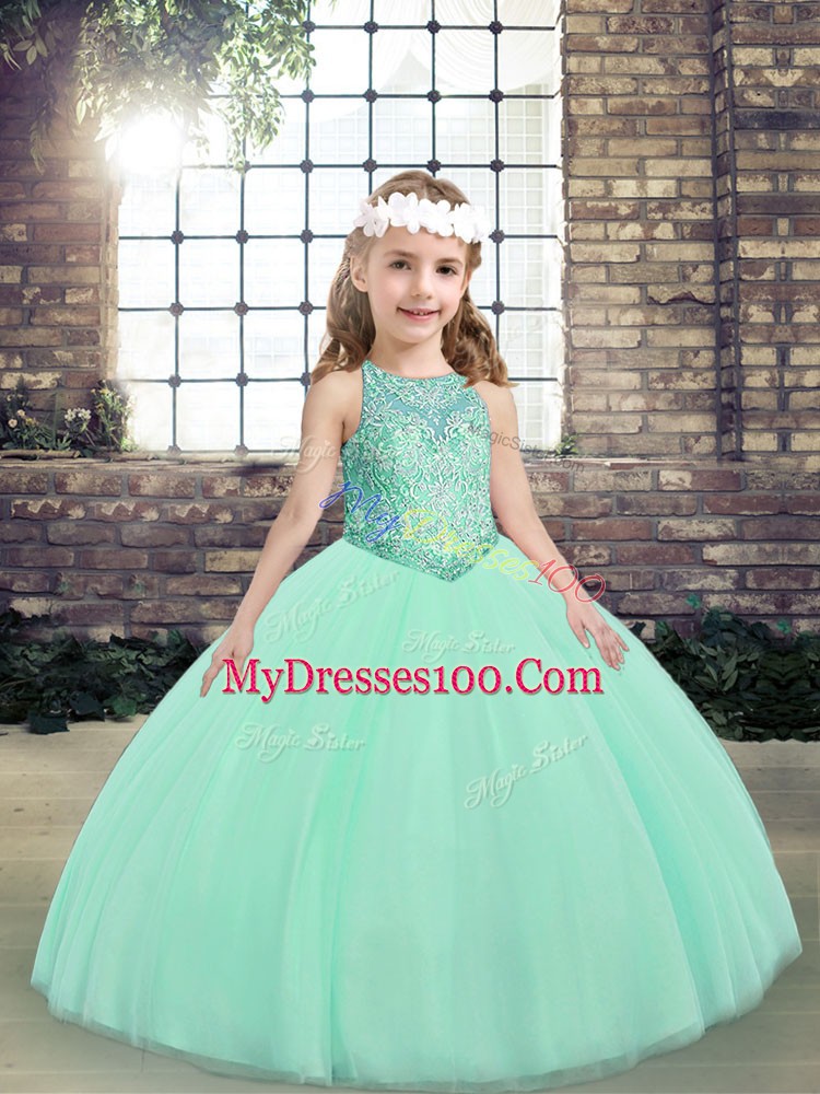 Sleeveless Floor Length Beading Lace Up Little Girl Pageant Dress with Apple Green