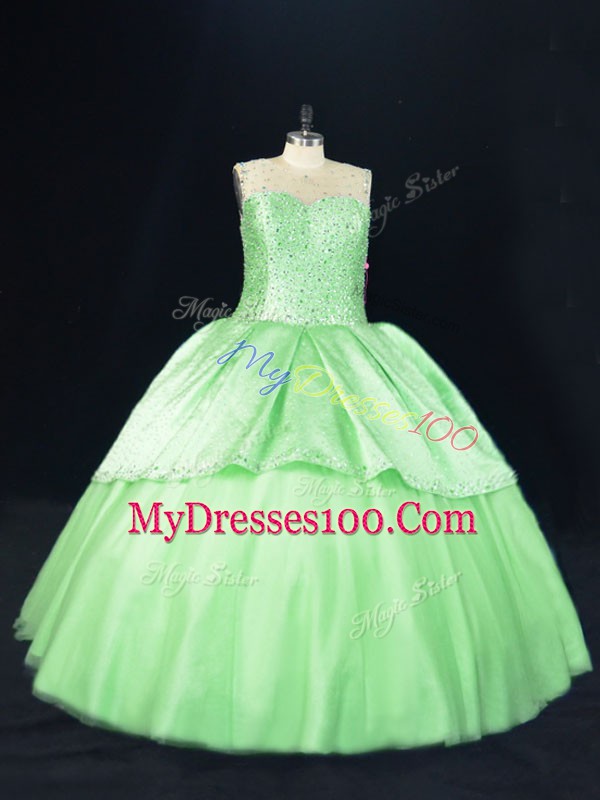 Chic Tulle Lace Up Scoop Sleeveless Floor Length Sweet 16 Dresses Beading