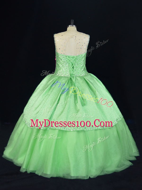 Chic Tulle Lace Up Scoop Sleeveless Floor Length Sweet 16 Dresses Beading