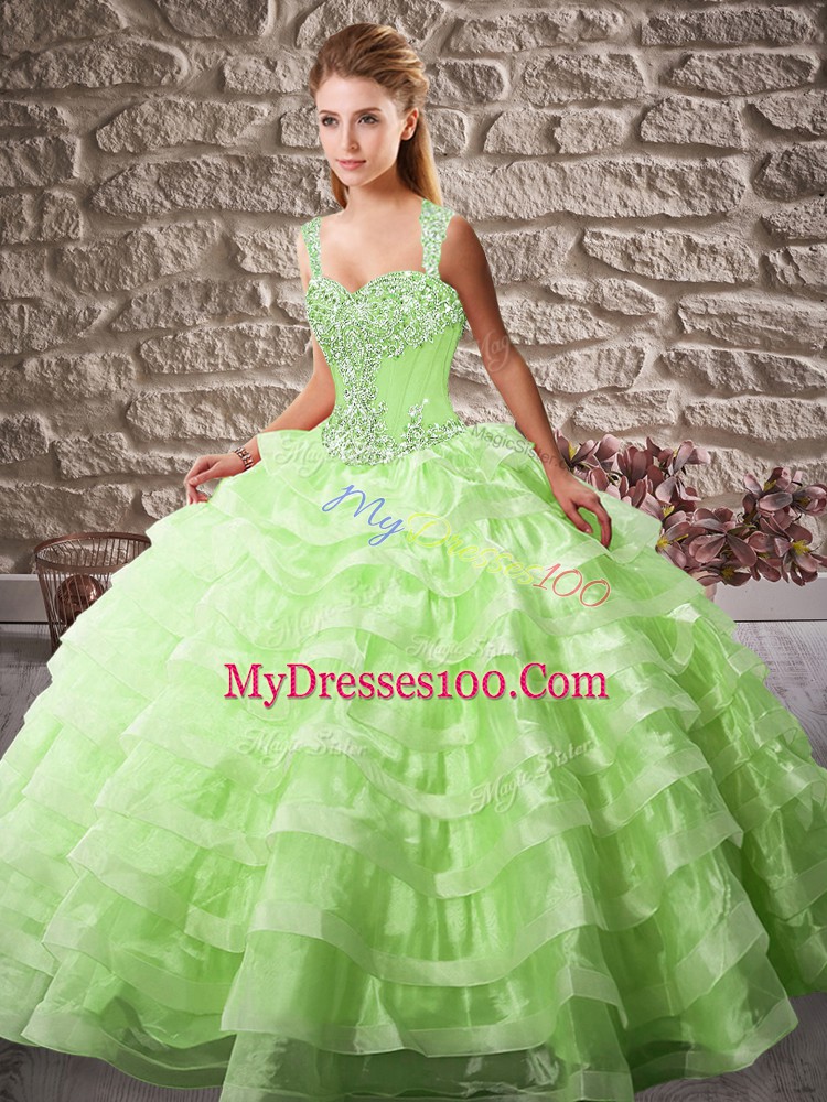 Romantic Ball Gowns Organza Straps Sleeveless Beading and Ruffled Layers Lace Up Quince Ball Gowns Court Train