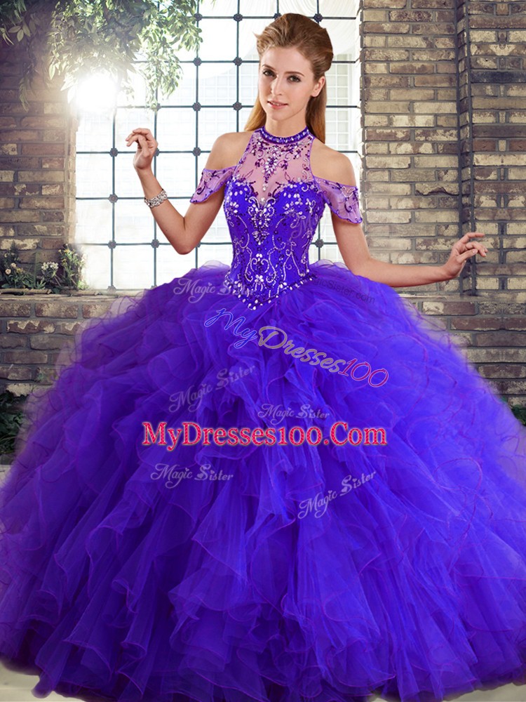 Tulle Sleeveless Floor Length Sweet 16 Quinceanera Dress and Beading and Ruffles