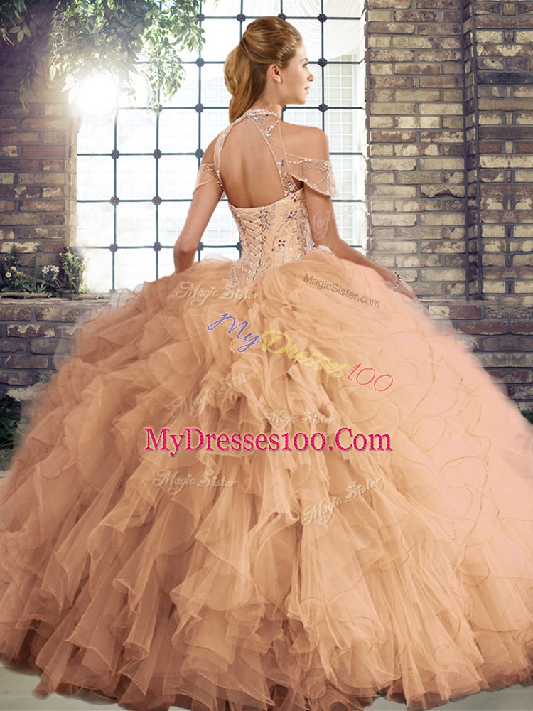 Tulle Sleeveless Floor Length Sweet 16 Quinceanera Dress and Beading and Ruffles