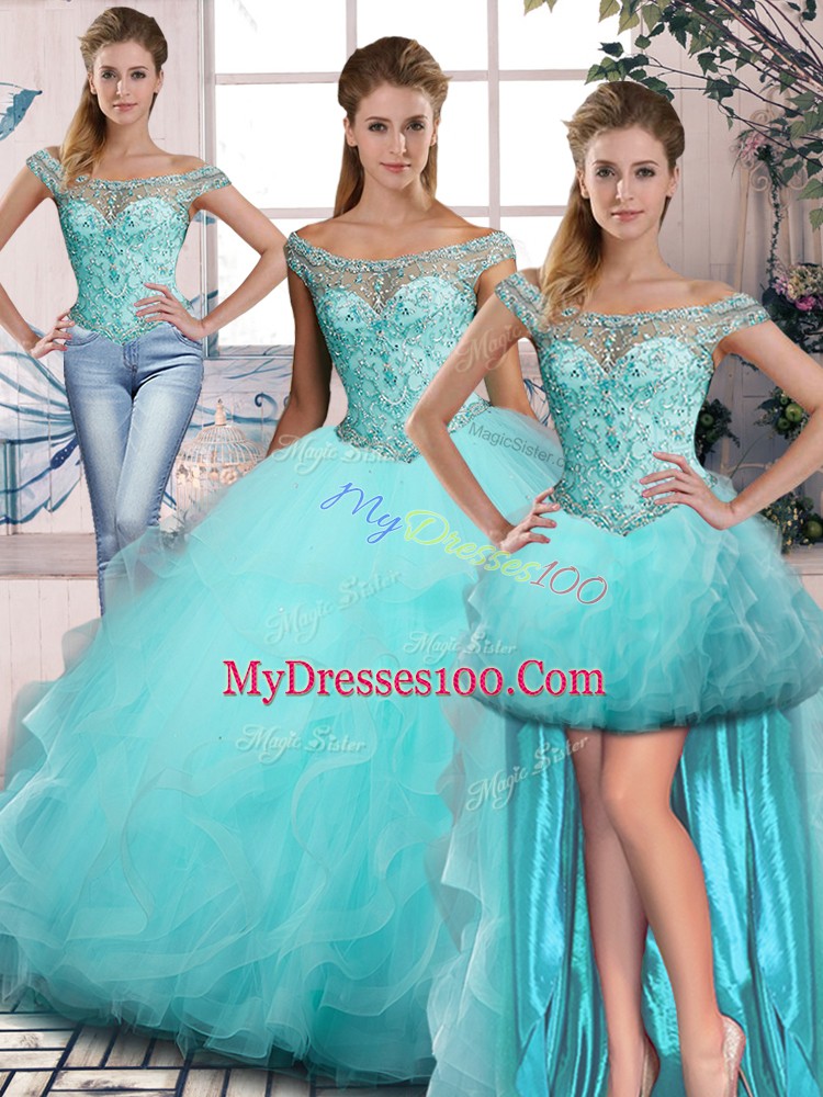 Aqua Blue 15th Birthday Dress Sweet 16 and Quinceanera with Beading and Ruffles Off The Shoulder Sleeveless Lace Up