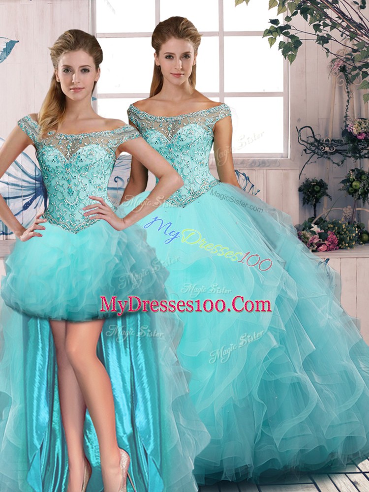 Aqua Blue 15th Birthday Dress Sweet 16 and Quinceanera with Beading and Ruffles Off The Shoulder Sleeveless Lace Up