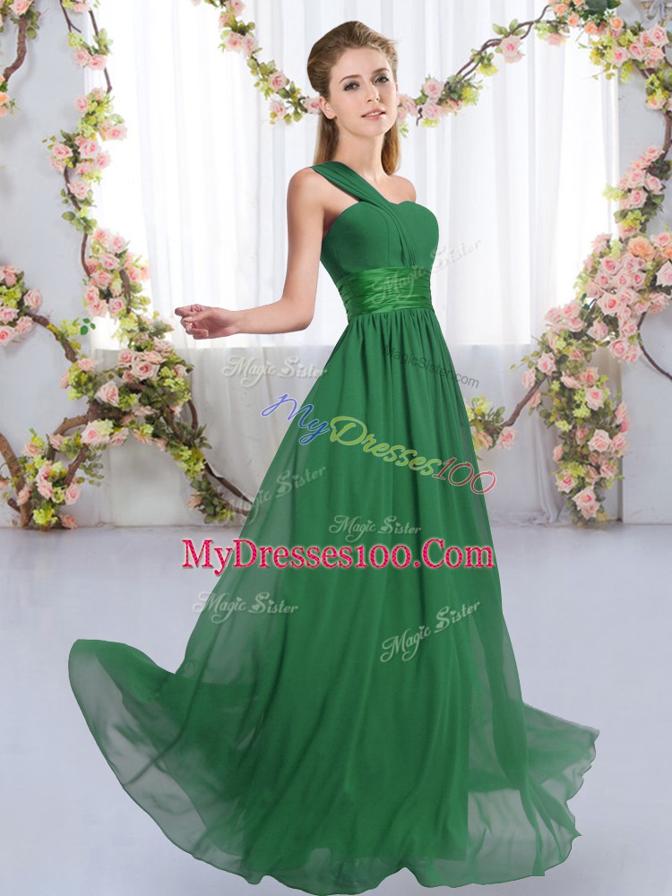Edgy Empire Wedding Party Dress Dark Green One Shoulder Chiffon Sleeveless Floor Length Lace Up