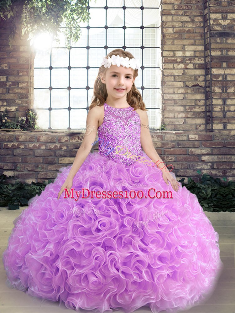 Latest Floor Length Lace Up Kids Formal Wear Lilac for Party and Wedding Party with Beading