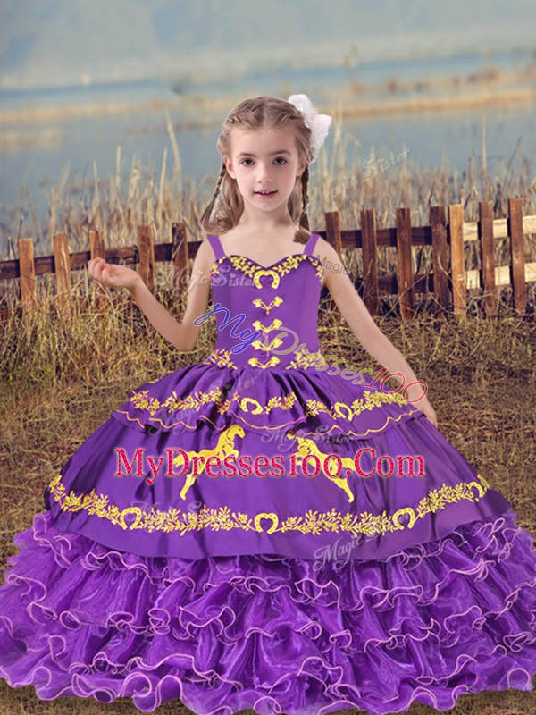 Lavender Organza Lace Up Straps Sleeveless Floor Length Little Girls Pageant Dress Beading and Embroidery and Ruffled Layers