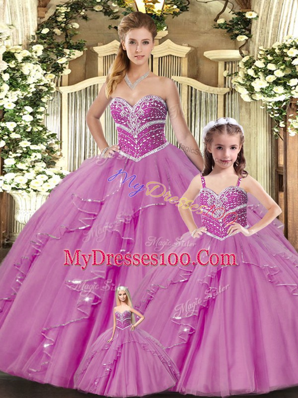 Sophisticated Lilac Ball Gowns Sweetheart Sleeveless Tulle Floor Length Lace Up Beading Quinceanera Dress