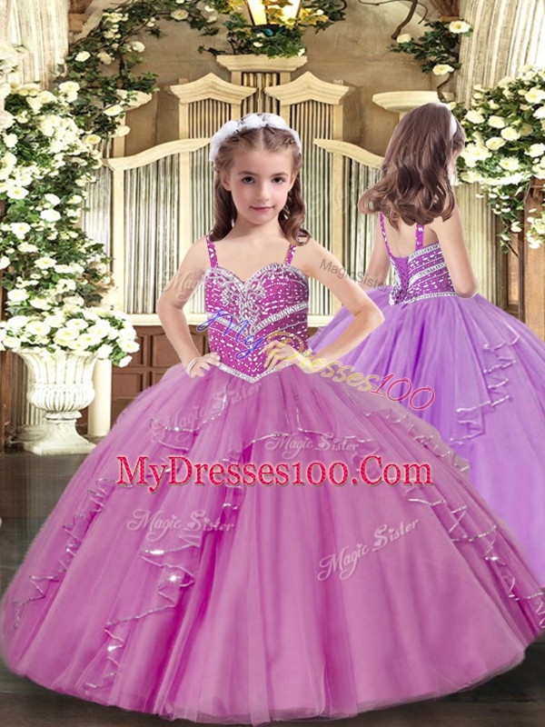 Sophisticated Lilac Ball Gowns Sweetheart Sleeveless Tulle Floor Length Lace Up Beading Quinceanera Dress