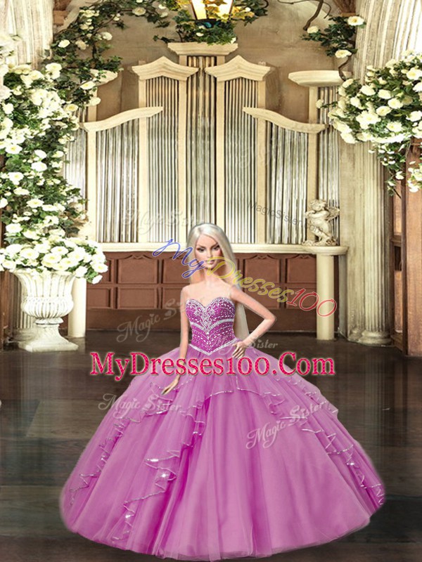 Sophisticated Lilac Ball Gowns Sweetheart Sleeveless Tulle Floor Length Lace Up Beading Quinceanera Dress