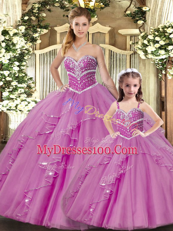 Sophisticated Lilac Ball Gowns Sweetheart Sleeveless Tulle Floor Length Lace Up Beading Quinceanera Dress